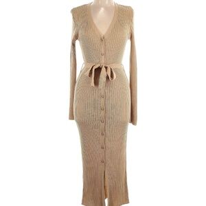 Knit Button Up Sweater Dress Long Sleeve, Waist Tie, CAMEL - MEDIUM